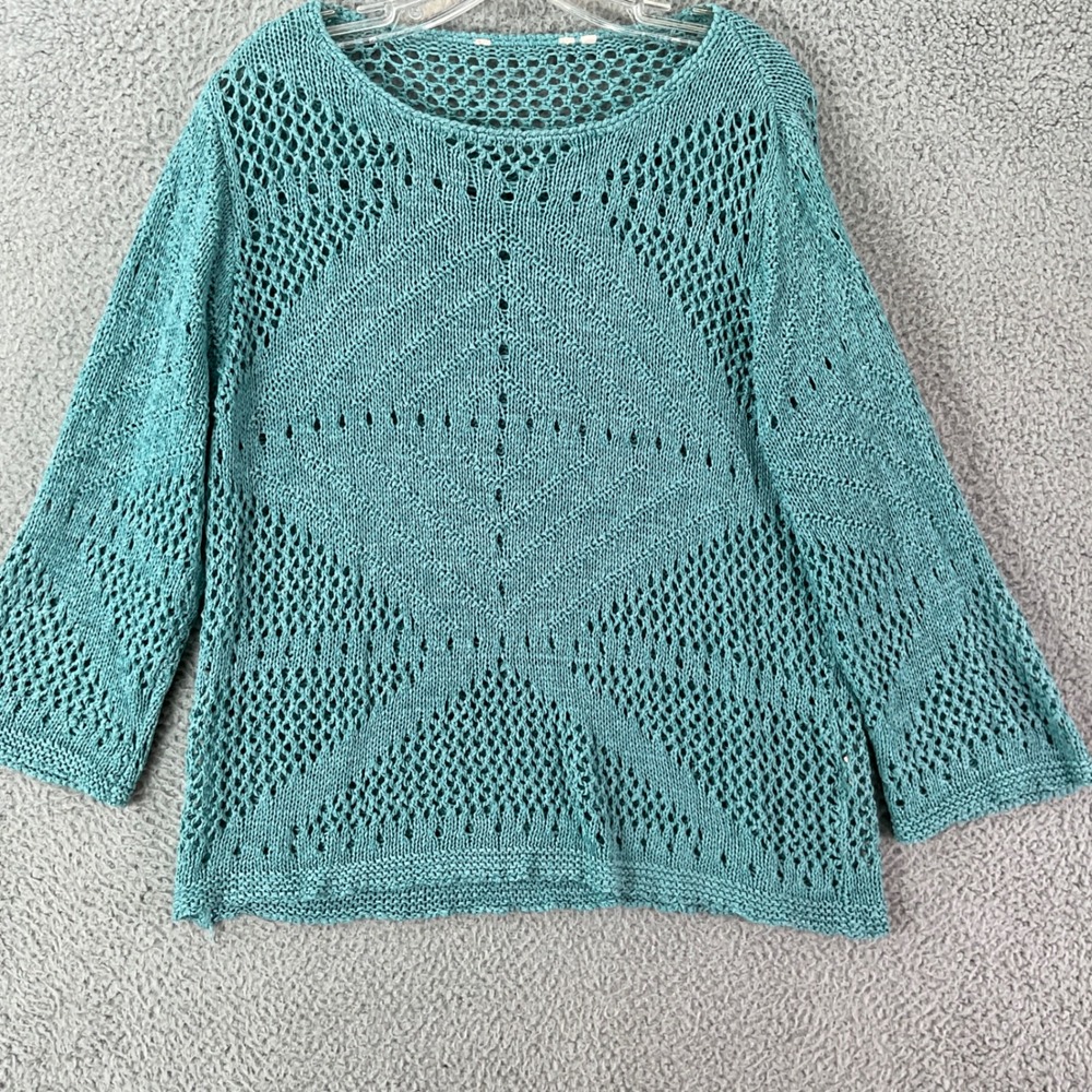 Soft Surroundings Sweater Women L Teal Open Knit Crochet 3/4 Sleeve Vintage Y2K
